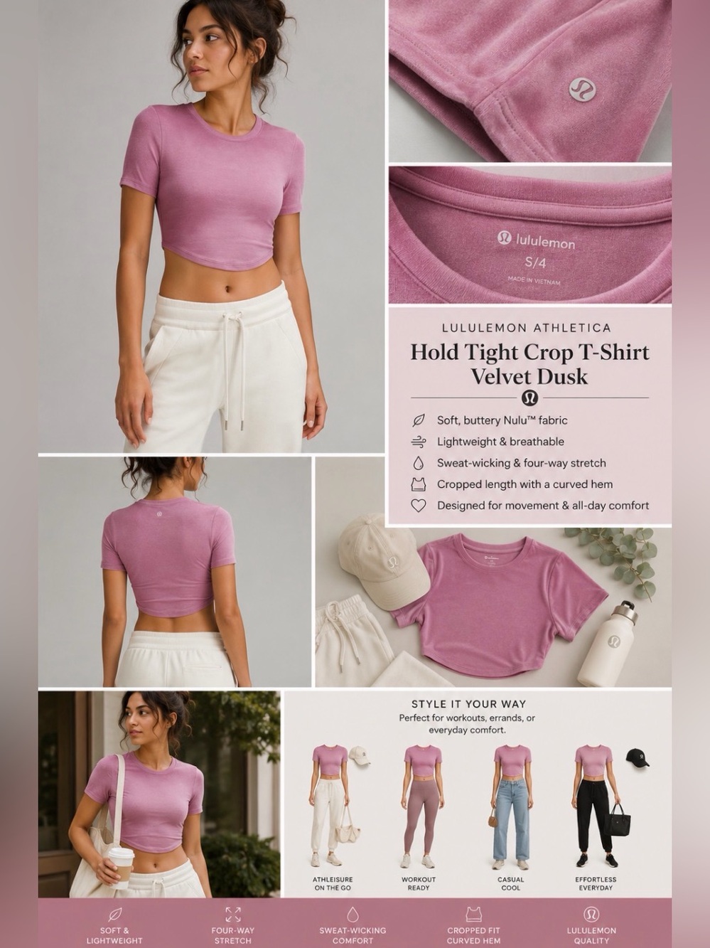 LULULEMON Hold Tight Crop T-Shirt Velvet Dusk -S4 tag removed never washed/worn